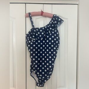New Aqua Eve convertible one shoulder ruffle navy polka dot swimsuit 1pc sz 22